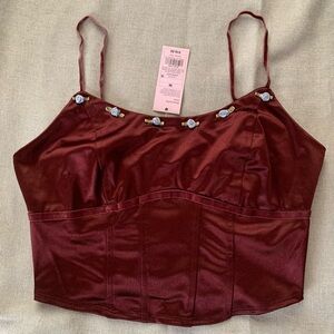 Target Wild Fable Burgundy Satin Crop Top with Floral Accents